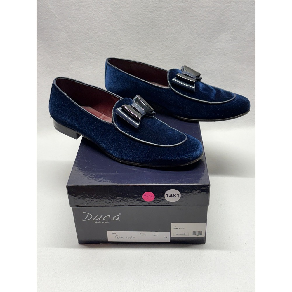Duca Made in Italy Navy Blue Velvet Loafers Patent Bow Dress Shoes Mens 44 US 11
